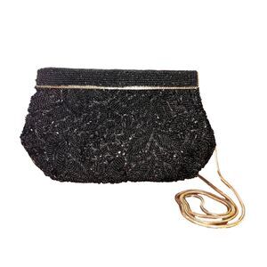 Beaded Black Shell Evening Bag Gold Chain Vintage Formal Clutch Purse 8.5x6